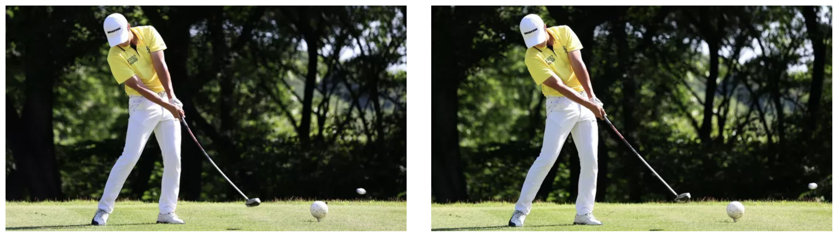 Na zdjęciu po lewej stronie, widoczne są zniekształcenia kija golfowego w trakcie szybkiego ruchu. Po prawej: fotografia wykonana Canonem EOS R3, na której kij nie jest zniekształcony. Fot. Canon.